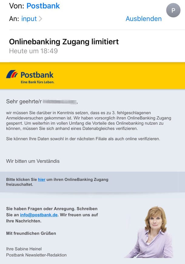 Beispiel der gefälschten Postbank-Mail, die derzeit viele Nutzer erhalten.