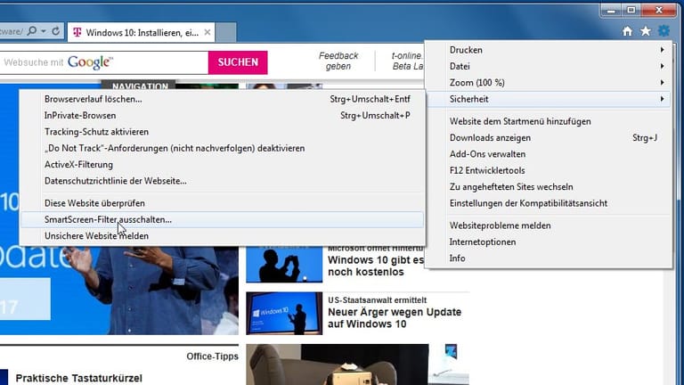 IE-Nutzer unter Windows 7 finden den Hebel zum Abschalten des SmartScreen-Filters im Browsermenü.