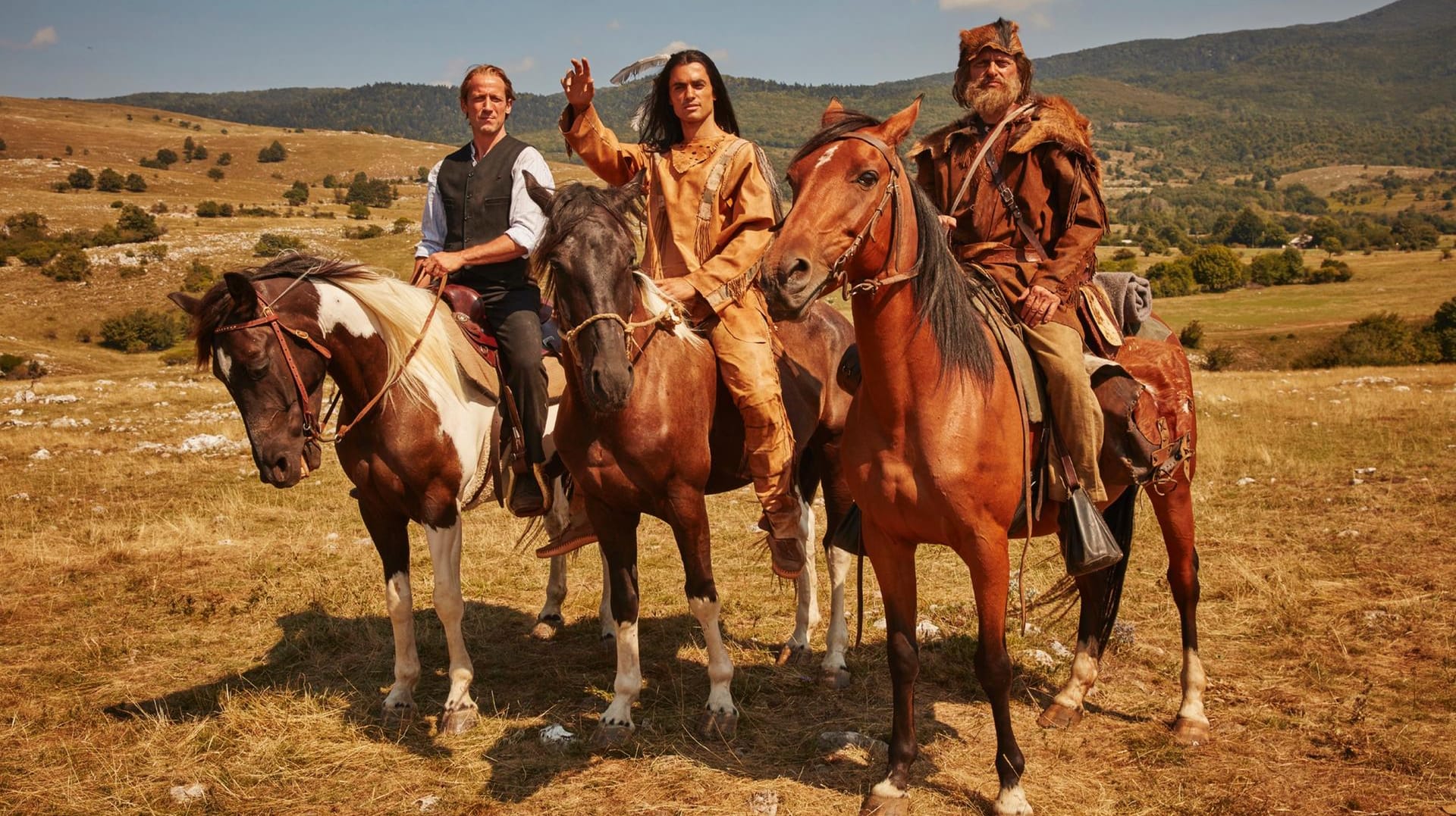 Old Shatterhand, Winnetou und Sam Hawkins in der Neuverfilmung der "Winnetou"-Trilogie.