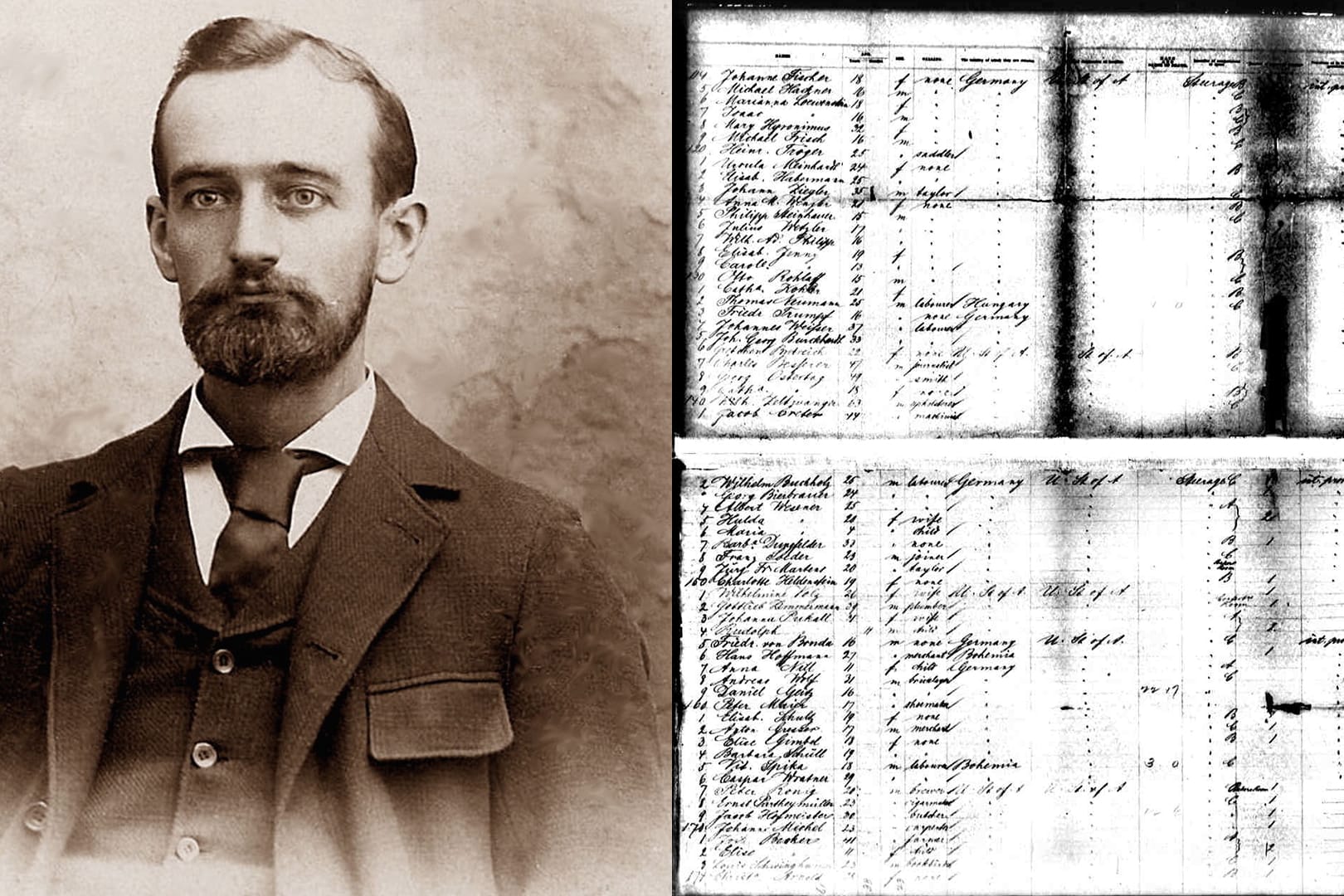 Ein Foto von Friedrich Trump aus dem Jahr 1918 neben dem US-Einwanderungsdokument aus dem Jahr 1885.
