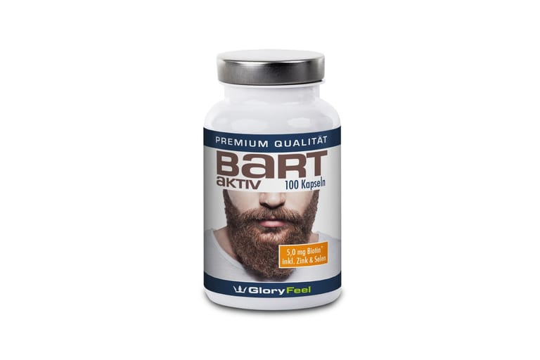 Bart aktiv von Gloryfeel (um 45 Euro) enthält ebenfalls Biotin sowie Vitamin A, B12, D und E, sowie Pantothensäure und Folsäure. Die Pillen sind übrigens vegan.