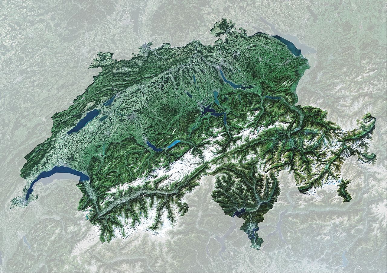 Das Satellitenbild zeigt die Schweiz mit ihren drei Großlandschaften Alpen, Mittelland und Jura. Die Alpen sind im Süden gut z erkennen, nördlich davon liegt das Mittelland mit den wichtigen Städten wie Zürich und Bern. Den Jura-Gebirgszug sieht man im Nordwesten. Sehr gut auszumachen sind auch die unzähligen Schweizer Seen, darunter der Genfer See im Südwesten und der Bodensee im Nordosten.