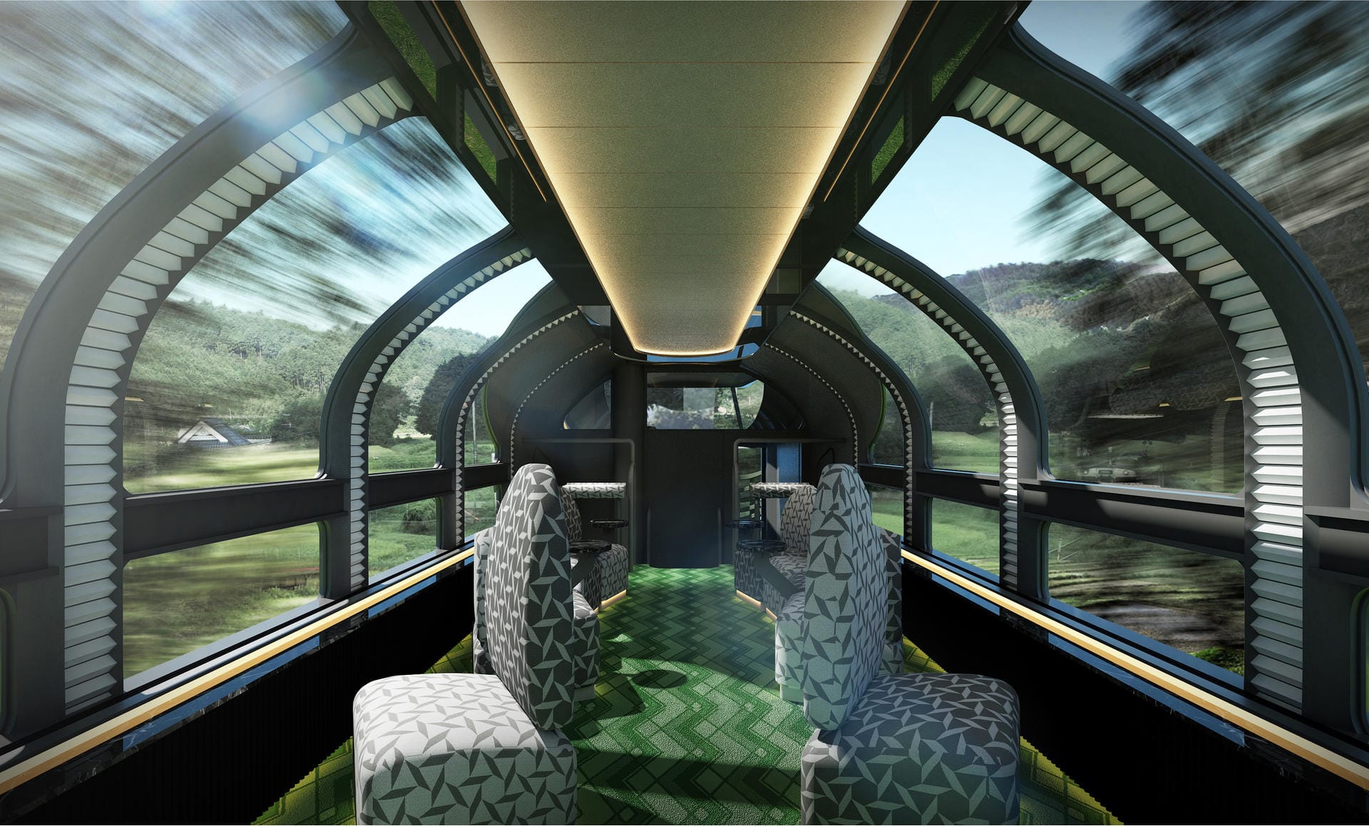 An den beiden Enden des Zuges befinden sich Aussichtswagen mit Sofas und riesigen Scheiben.