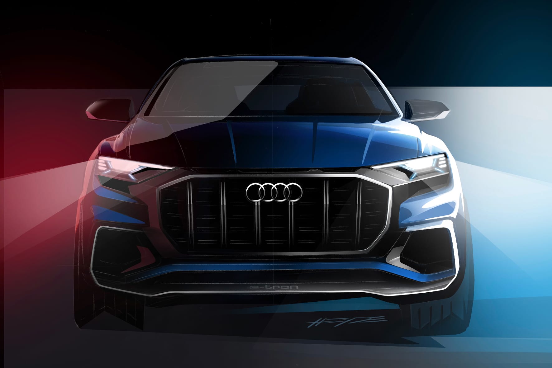 Noch breiterer Kühlergrill in 3D-Optik und größere Lufteinlässe als bei Audi ohnehin üblich: Das Audi Q8 Concept feiert in Detroit Weltpremiere.