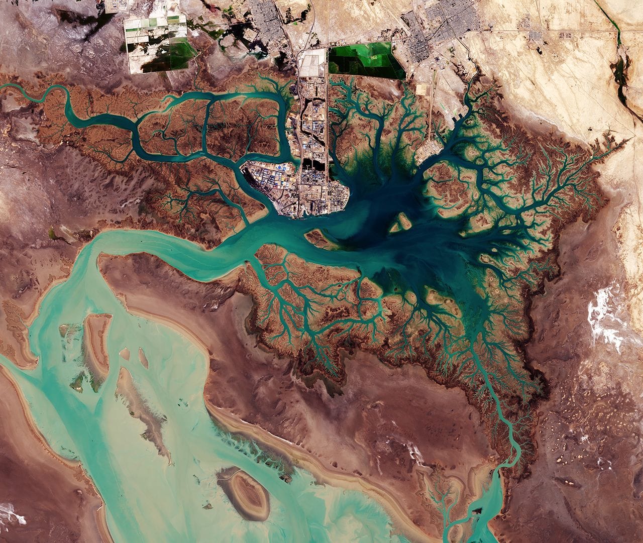 Das Satellitenbild der Woche zeigt die iranische Hafenstadt Bandar-e Imam Chomeini (Mitte) an der Musa Bucht.