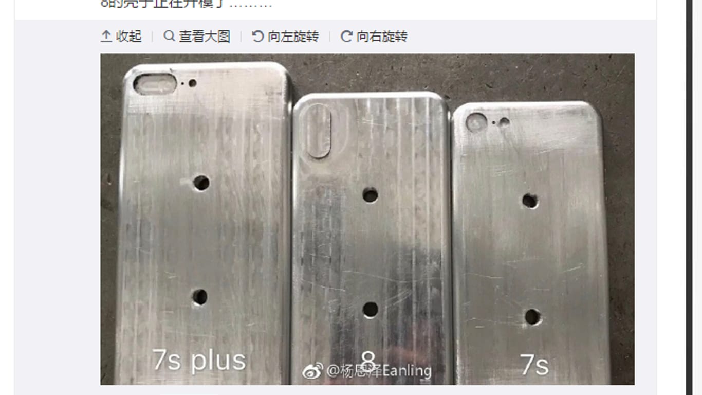 Das Foto zeigt Attrappen vom iPhone 8 im Vergleich zu iPhone 7s plus und 7s