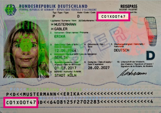 Deutscher Reisepass: Die Reisepassnummer befindet sich oben rechts.