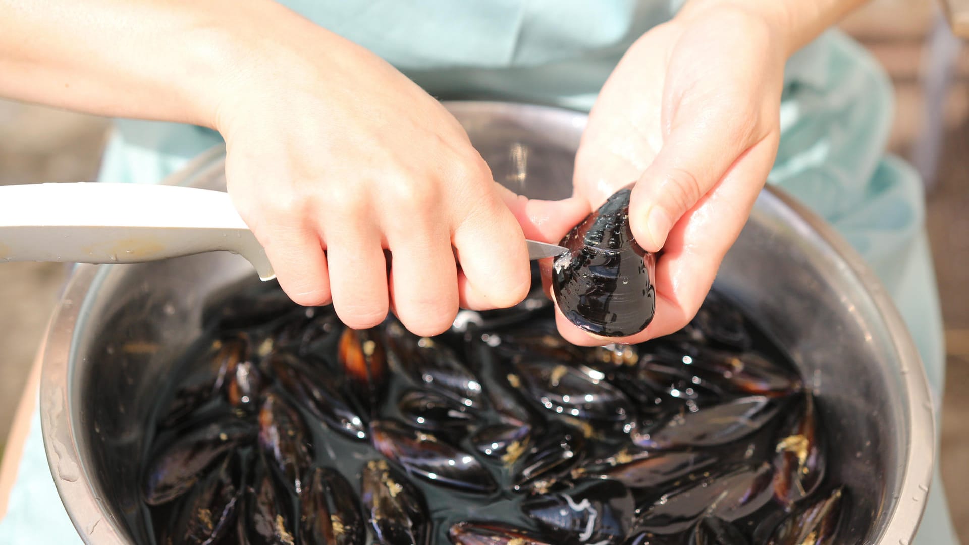 Miesmuscheln zubereiten: Die Schalentiere sollten vor der Verwendung gründlich gewaschen und vom Muschelbart befreit werden.