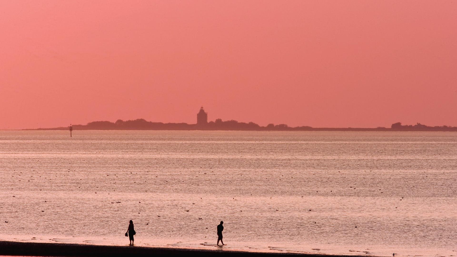 Nationalpark Hamburgisches Wattenmeer: Bei Flut im Watt vor der Insel Neuwerk lässt es sich romantisch wandern.