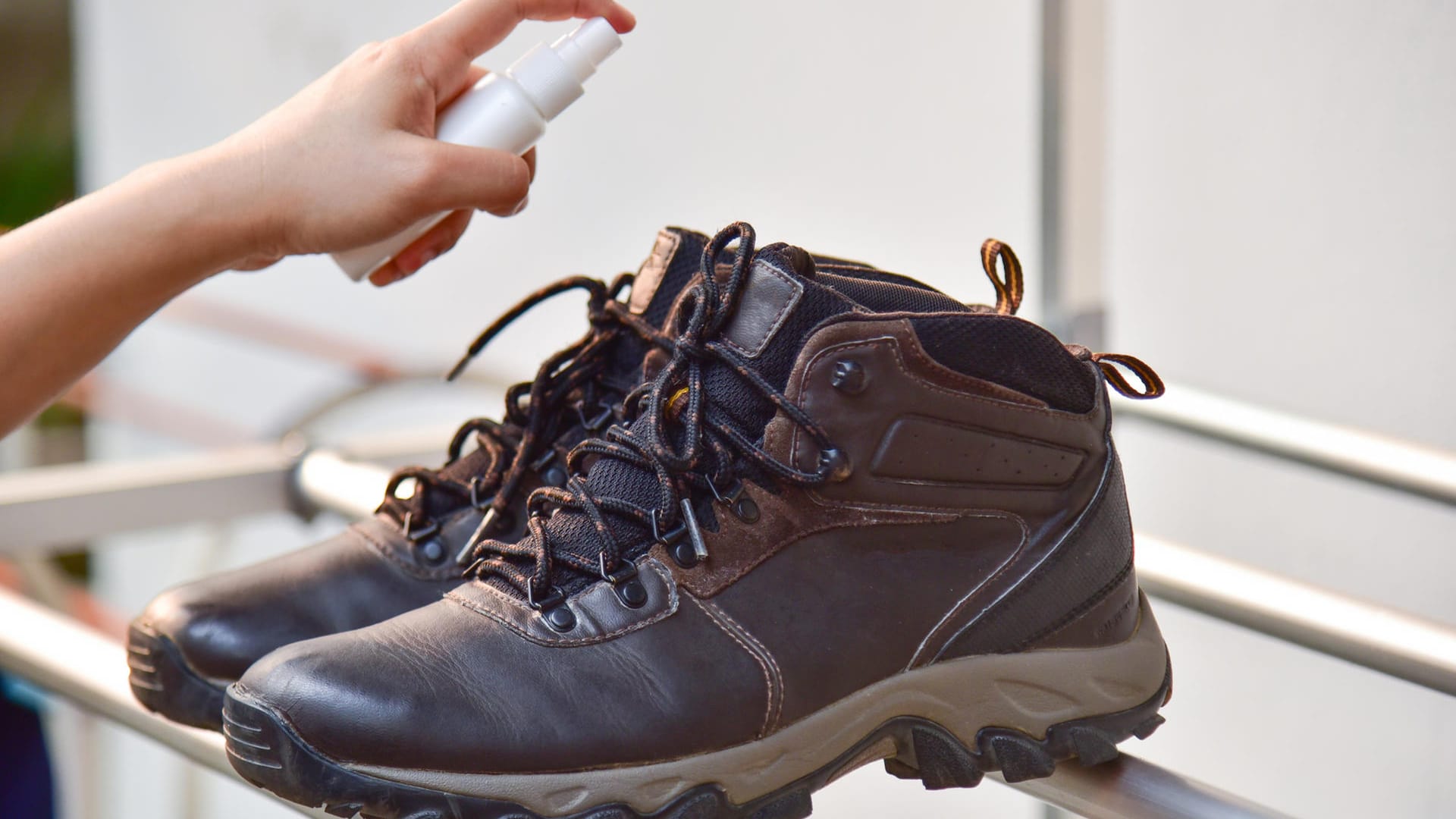 stinky hiking boot.Process of cleaning shoes