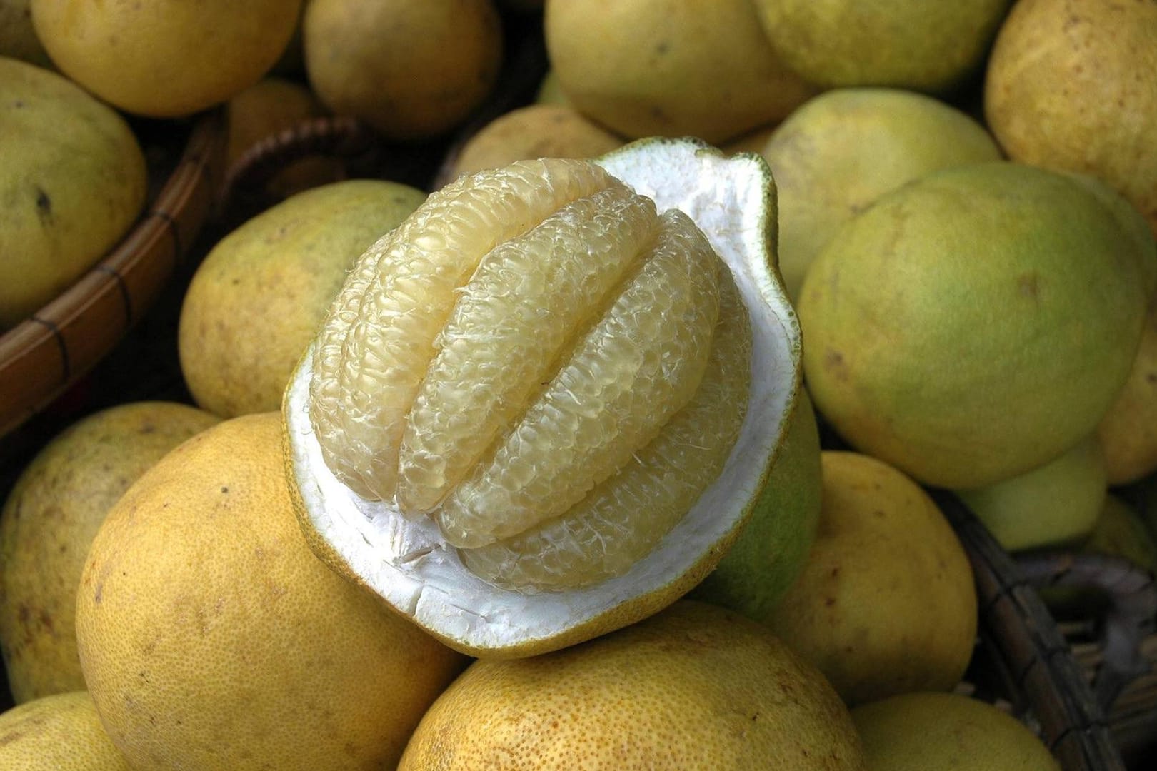 Angeschnittene Pomelo: Die Schale der Frucht ist ungenießbar und muss vor dem Verzehr entfernt werden.