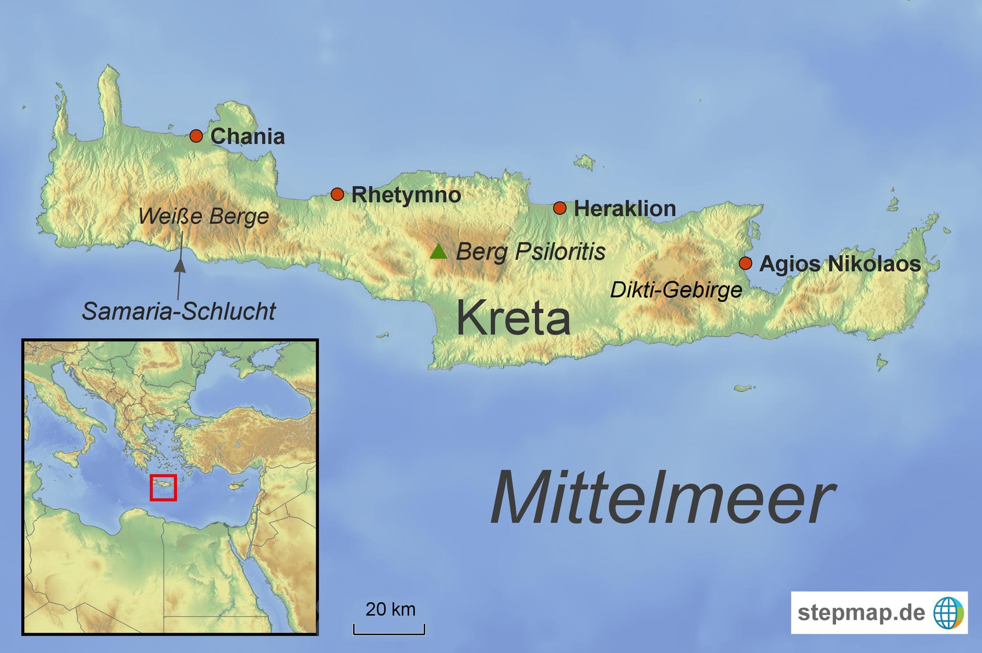 Karte von Kreta: Durch die langgestreckte Form ist der Strand auf Kreta nie weit weg.