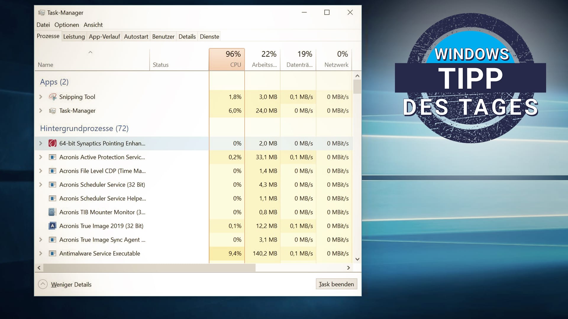 Der Taskmanager unter Windows 10: Hier können Nutzer Prozesse beenden.