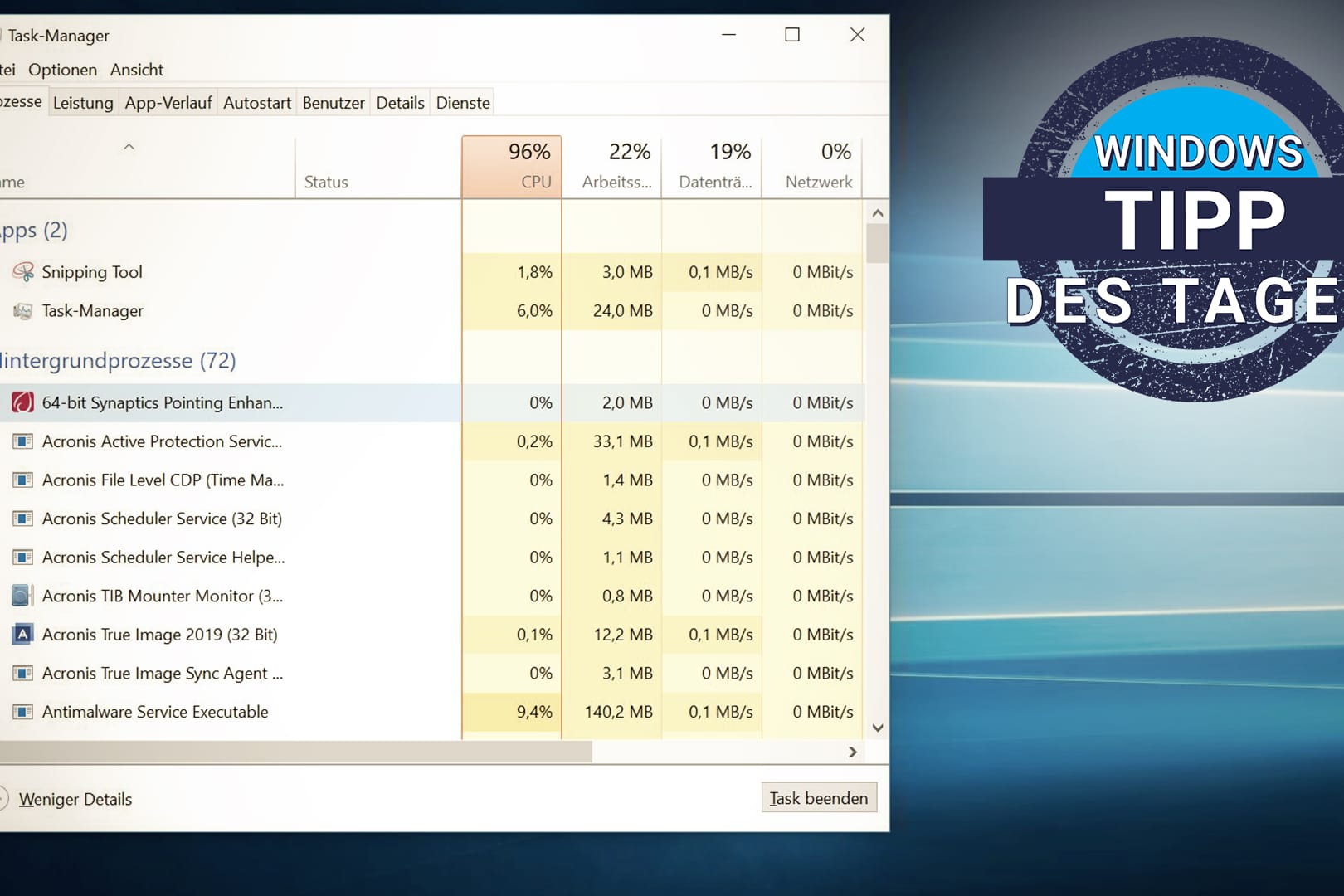 Der Taskmanager unter Windows 10: Hier können Nutzer Prozesse beenden.