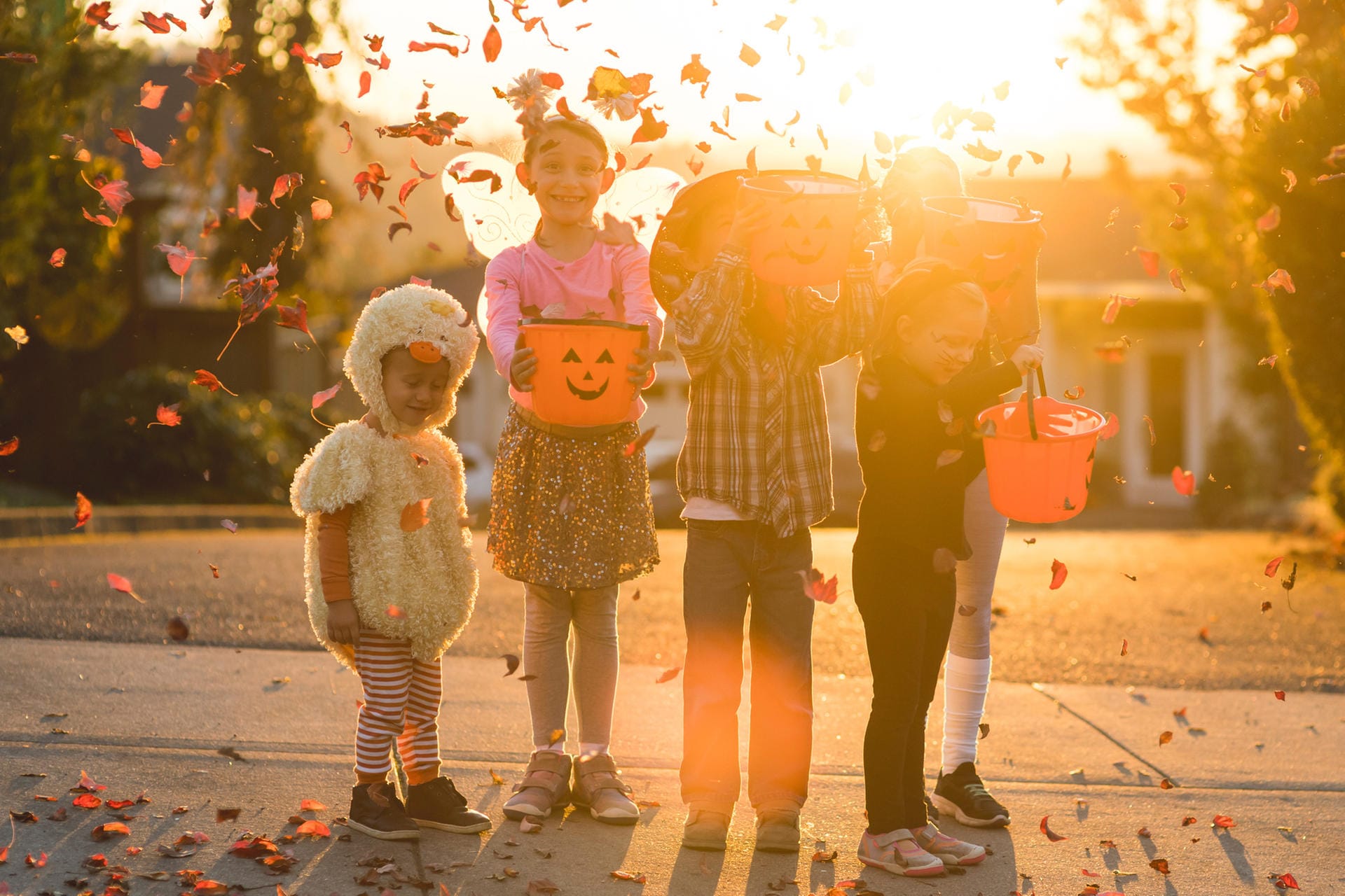 Verkleidete Kinder an Halloween: Beliebt ist das Fest vor allem bei Kindern, da sie sich als kleine Monster und Gespenster verkleiden, von Haus zu Haus ziehen und an jedem Haus die Bewohner vor die Wahl stellen: Süßes oder Saures. Um die kleinen Geister freundlich zu stimmen, geben Sie ihnen am besten Süßigkeiten.