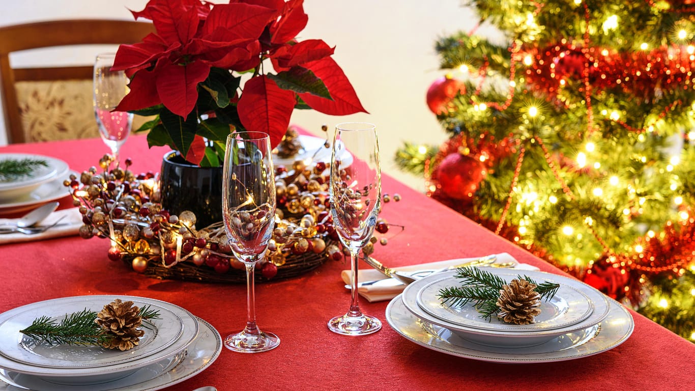 Ein Weihnachtsstern auf einem gedeckten Tisch: In den klassischen Weihnachtsfarben rot und gold macht sich neben ein paar Tannenzweigen und Zapfen auch ein Weihnachtsstern besonders gut als Tischdeko.