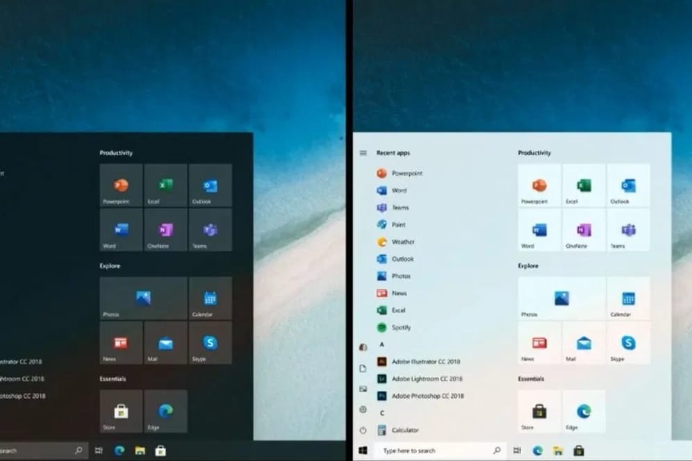 Das Windows-Starmenü in dunkel und hell: So soll das neue Windows-Startmenü aussehen.