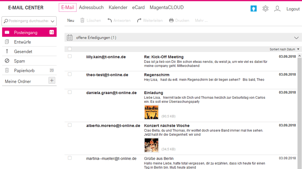 E-Mail @t-online.de: Nach dem Login sehen Sie den Posteingang Ihres E-Mail-Postfachs.