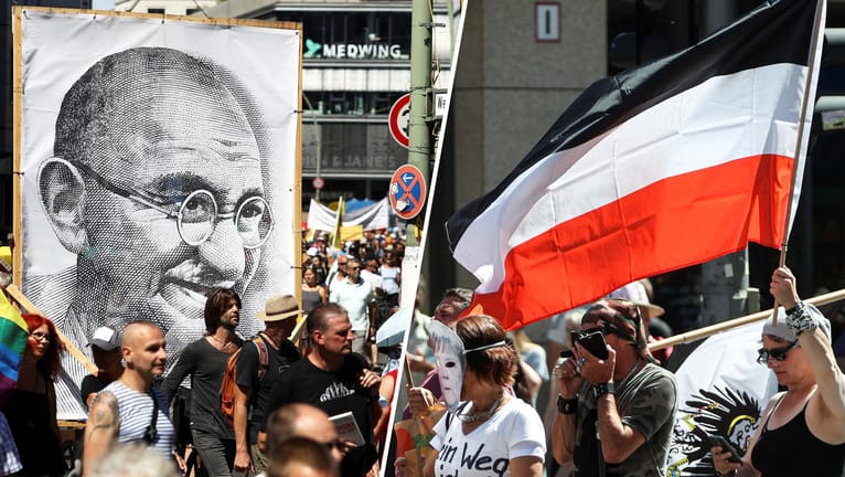 Gandhi und Reichsflagge: Die Demonstrationen von "Querdenken" blieben lange weitgehend friedlich und wurden nicht von Extremisten bestimmt. Doch von dort wurde immer stärker mobilisiert.