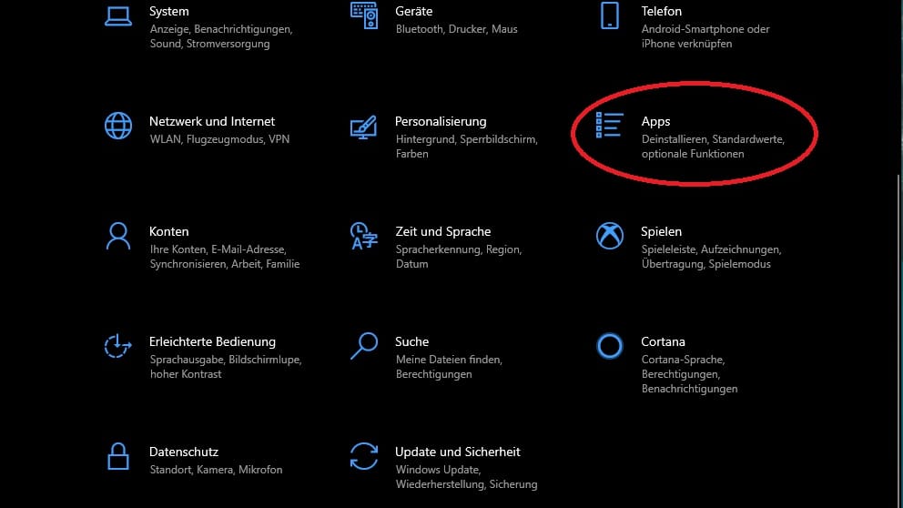 In den Einstellungen klicken Sie auf die Schaltfläche Apps.