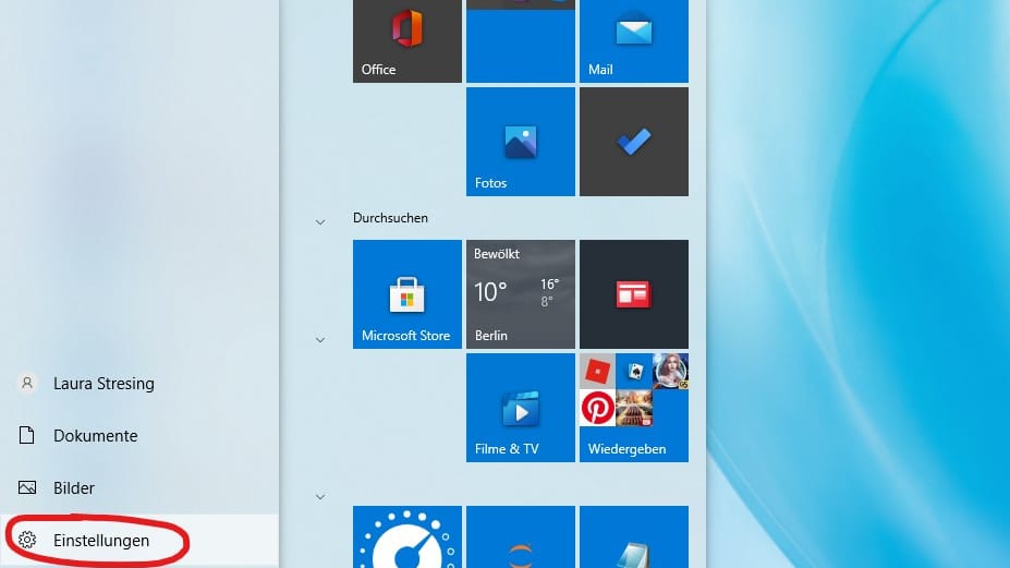 Klicken Sie auf das Startsymbol und dann auf das Zahnrad-Symbol, um die Einstellungen zu öffnen.