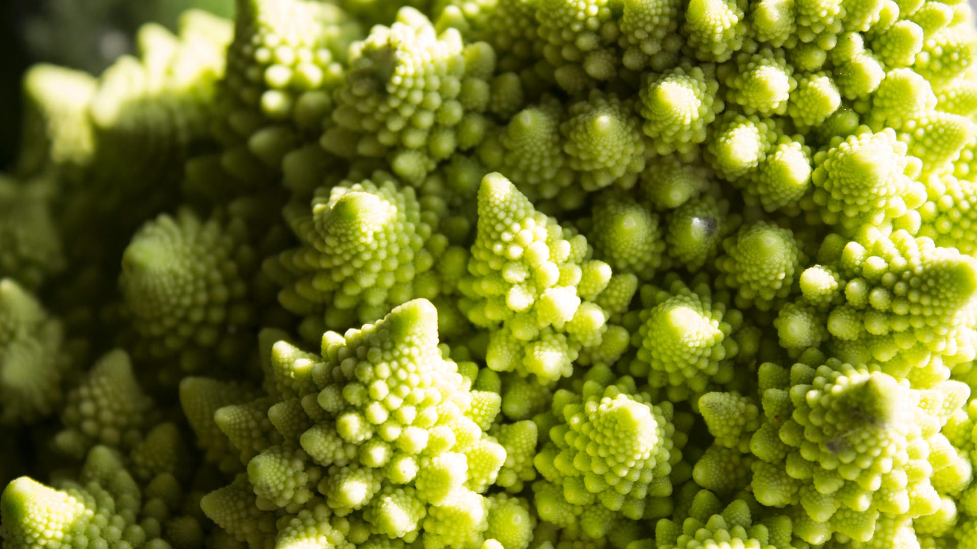 Romanesco: Der Kohl besteht aus vielen kleine Röschen, die aussehen wie kleine Türme.