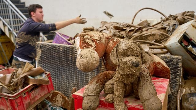 Kuscheltiere liegen auf einem Sperrmüllhaufen in der Innenstadt von Bad Neuenahr.