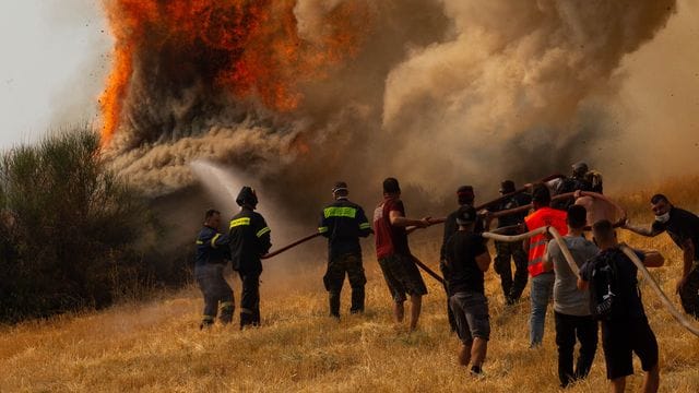 Feuerwehrleute und Freiwillige versuchen ein Feuer in Afidnes, etwa 30 Kilometer von der griechischen Hauptstadt Athen entfernt, zu löschen.