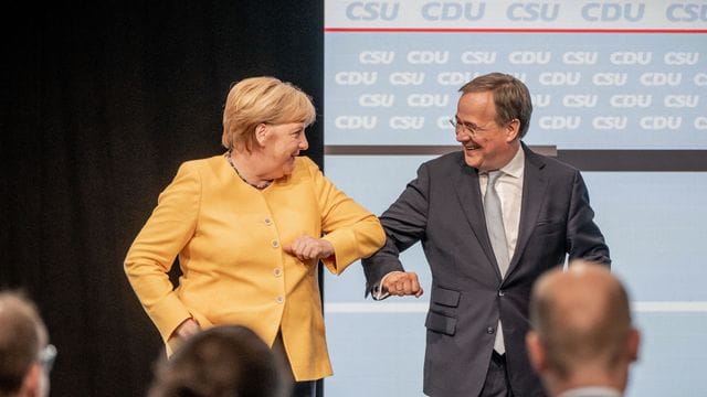 Gemeinsamer Wahlkampfauftritt in Berlin: Bundeskanzlerin Angela Merkel und Unionskanzlerkandidat Armin Laschet. Gemeinsamer Wahlkampfauftritt in Berlin: Bundeskanzlerin Angela Merkel und Unionskanzlerkandidat Armin Laschet.
