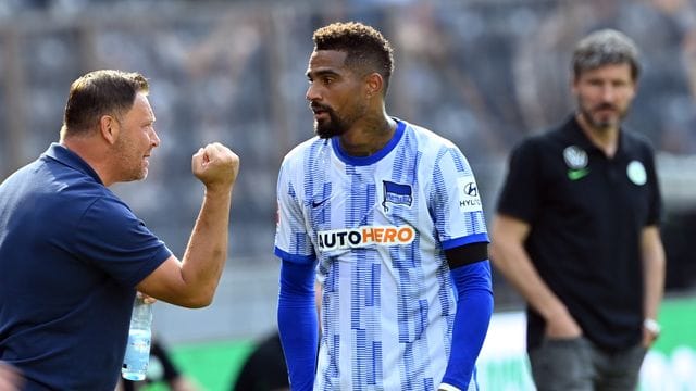 Herthas Trainer Pal Dardai (l) spricht mit Kevin-Prince Boateng an der Seitenauslinie. Herthas Trainer Pal Dardai (l) spricht mit Kevin-Prince Boateng an der Seitenauslinie.
