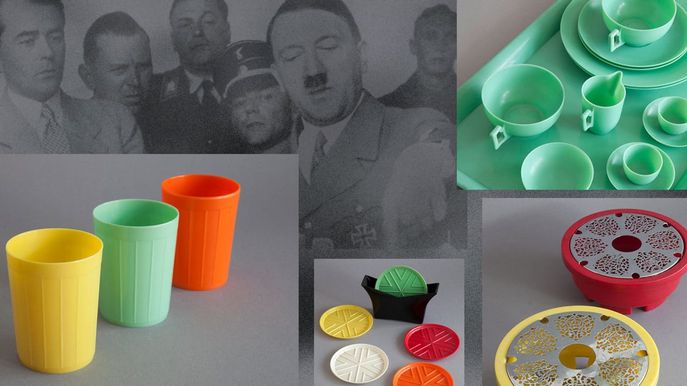 Adolf Hitler und verschiedene Produkte aus Pollopas (Bildcollage t-online): Die Geschichte dieses Kunststoffes beschreibt ein neues Buch.