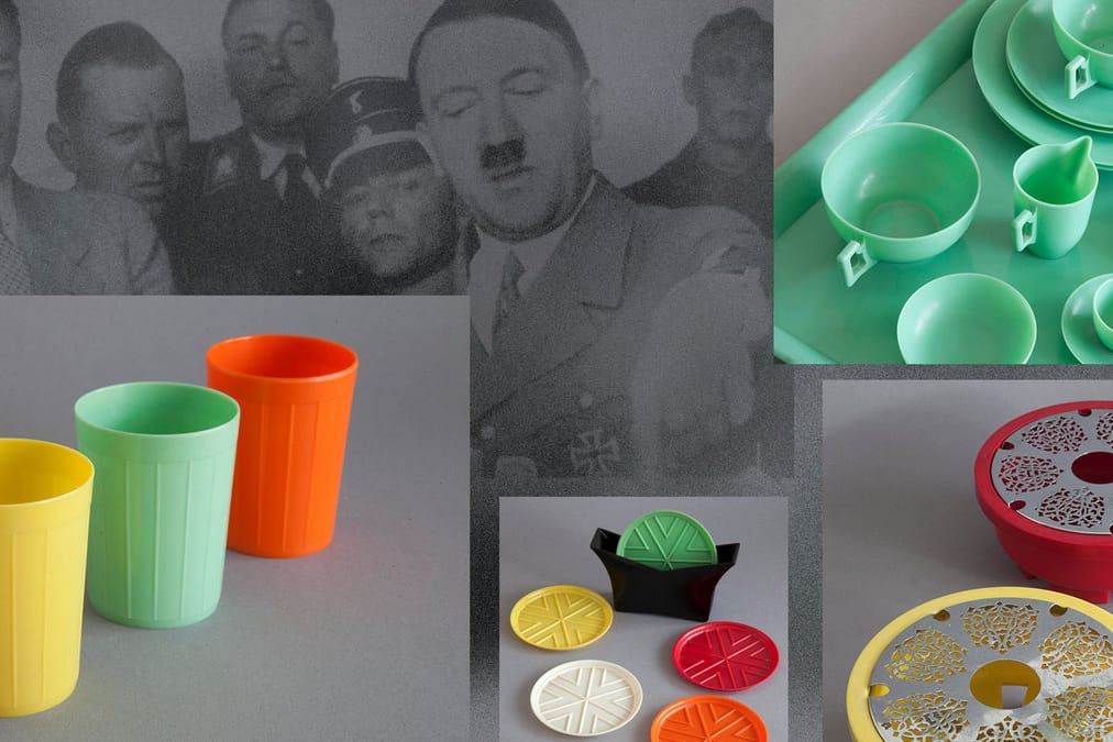 Adolf Hitler und verschiedene Produkte aus Pollopas (Bildcollage t-online): Die Geschichte dieses Kunststoffes beschreibt ein neues Buch.