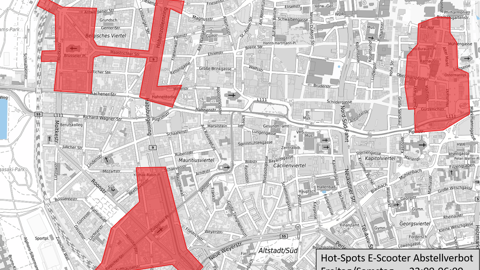 Rotmarkierte Hotspots in Köln, wo E-Scooter nicht abgestellt werden dürfen: Die Fahrzeuge führen in der Stadt immer wieder zu Problemen.