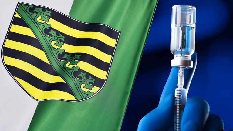 Sachsens Flagge und Spritze mit Impfstoff gegen Corona (Bildcollage t-online): Der Freistaat Sachsen ist bundesweit Schlusslicht bei den Impfungen.
