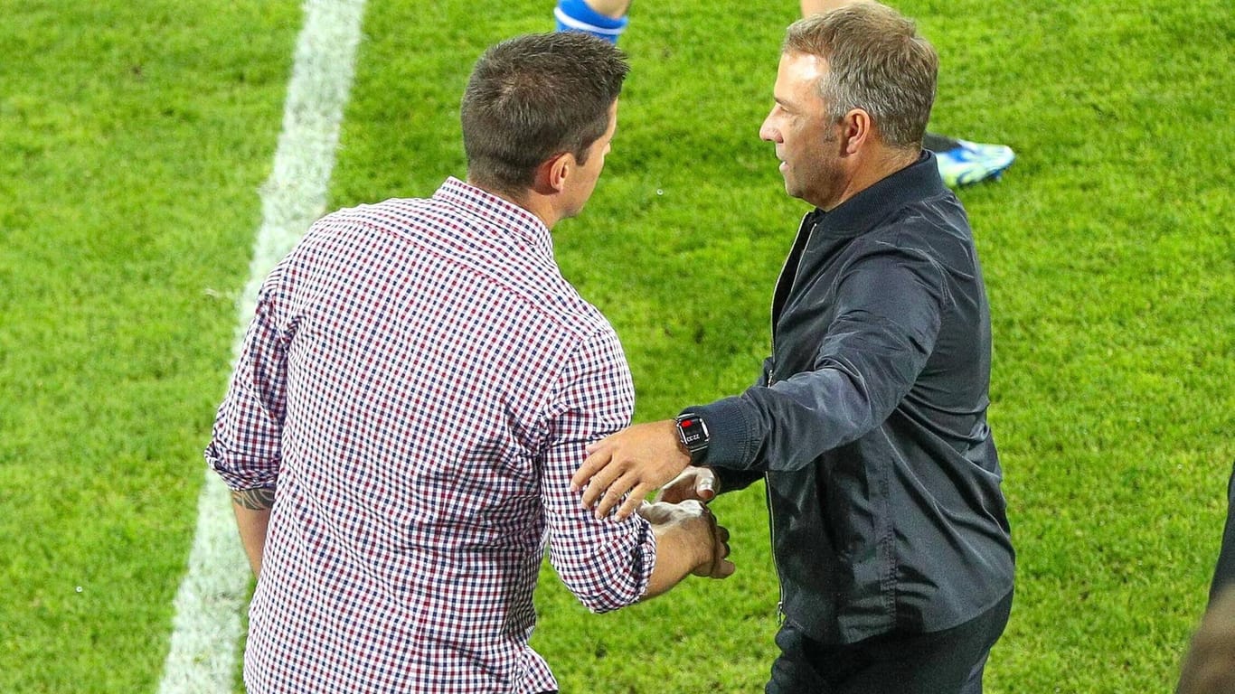 Martin Stocklasa (l.) und Hansi Flick: Während der Liechtenstein-Trainer nach dem 0:2 hochzufrieden war, musste der Bundestrainer sich teilweise derber Kritik stellen.