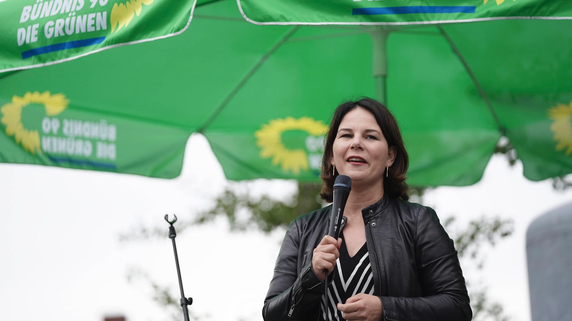 Die Bundesvorsitzende der Grünen bei einem Wahlkampfauftritt in Pulheim bei Köln (Archivbild): Annalena Baerbock und Autor Frank Schätzing wurden während eines Auftritts von sogenannten Querdenkern gestört.