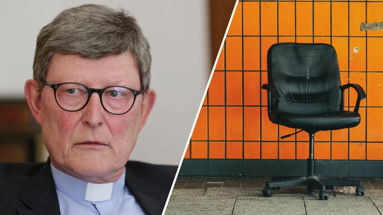 Rainer Maria Woelki und ein Bürostuhl (Archivbild/Montage): Das Erzbistum hatte eine Mitarbeiterin entlassen, weil sie einen Bürostuhl nach Hause mitgenommen hat.
