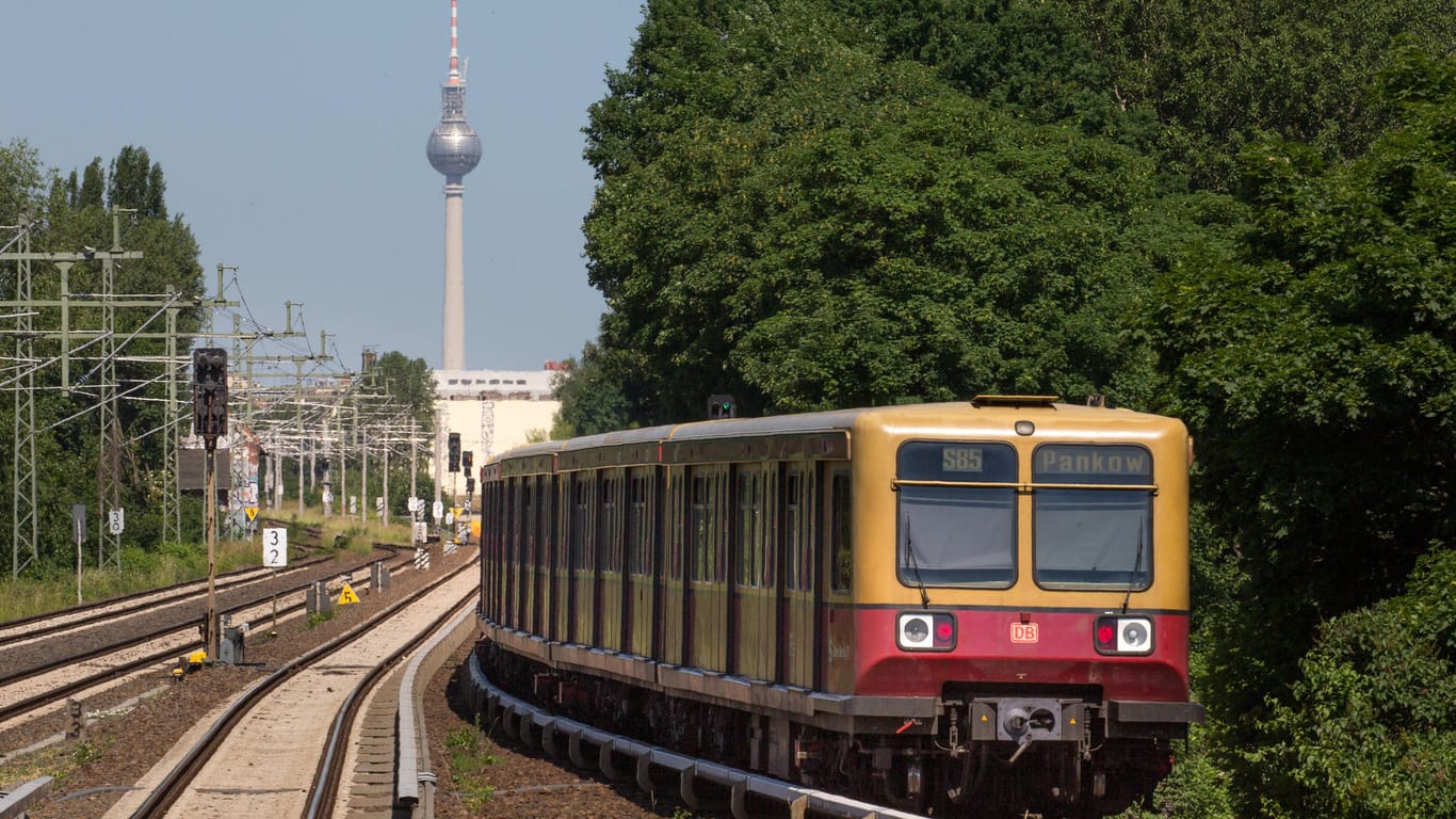 Der Fernsehturm, davor eine S-Bahn (Archivbild): Die Berliner Linke möchte den Nahverkehr ausbauen.