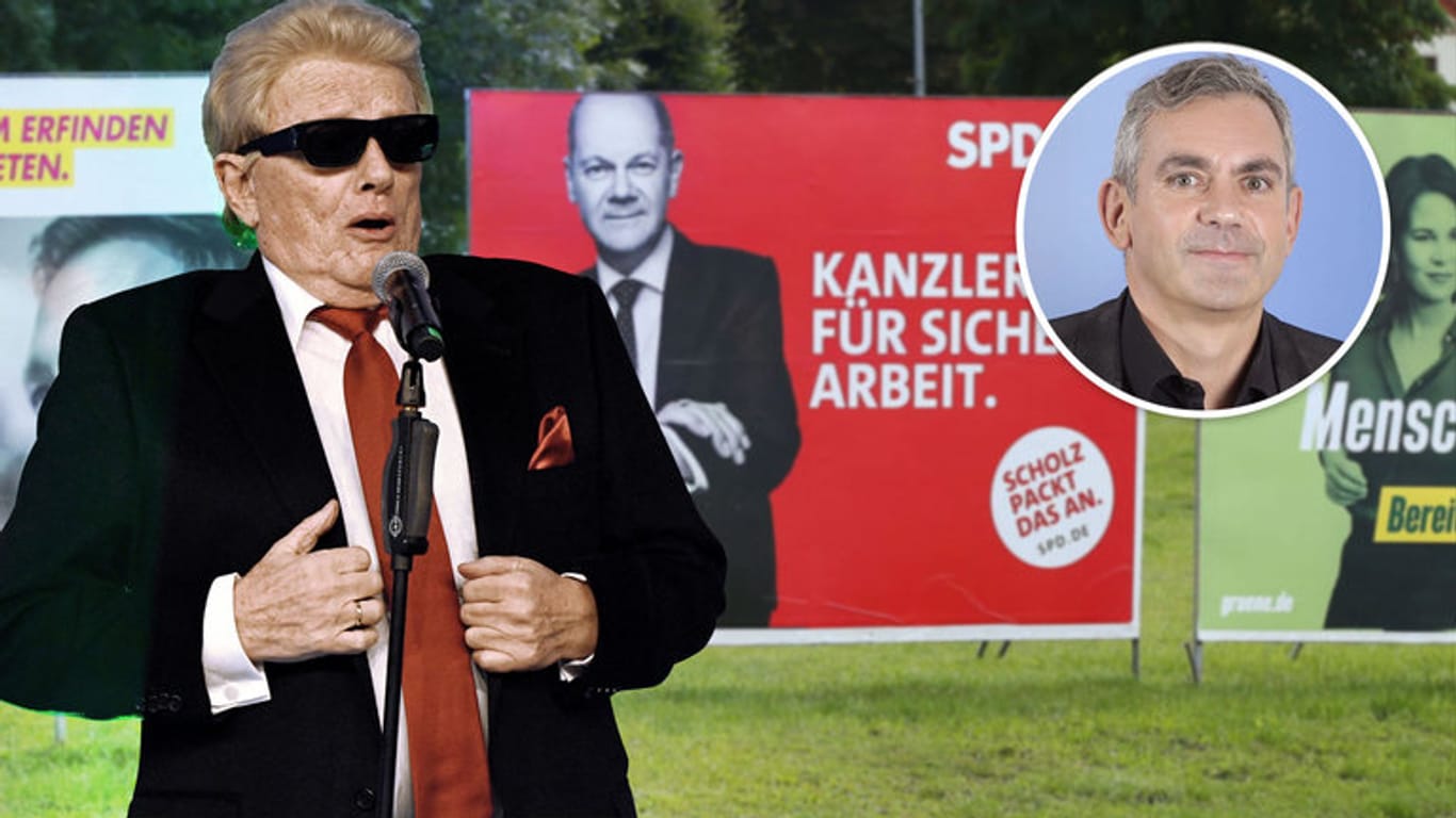 Plakate im Bundestagswahlkampf und Heino (Bildmontage t-online): Die Zukunft verkörpert für Wladmir Kaminers Mutter nur der Schlagersänger.