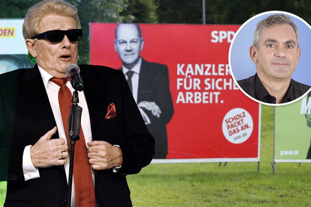 Plakate im Bundestagswahlkampf und Heino (Bildmontage t-online): Die Zukunft verkörpert für Wladmir Kaminers Mutter nur der Schlagersänger.