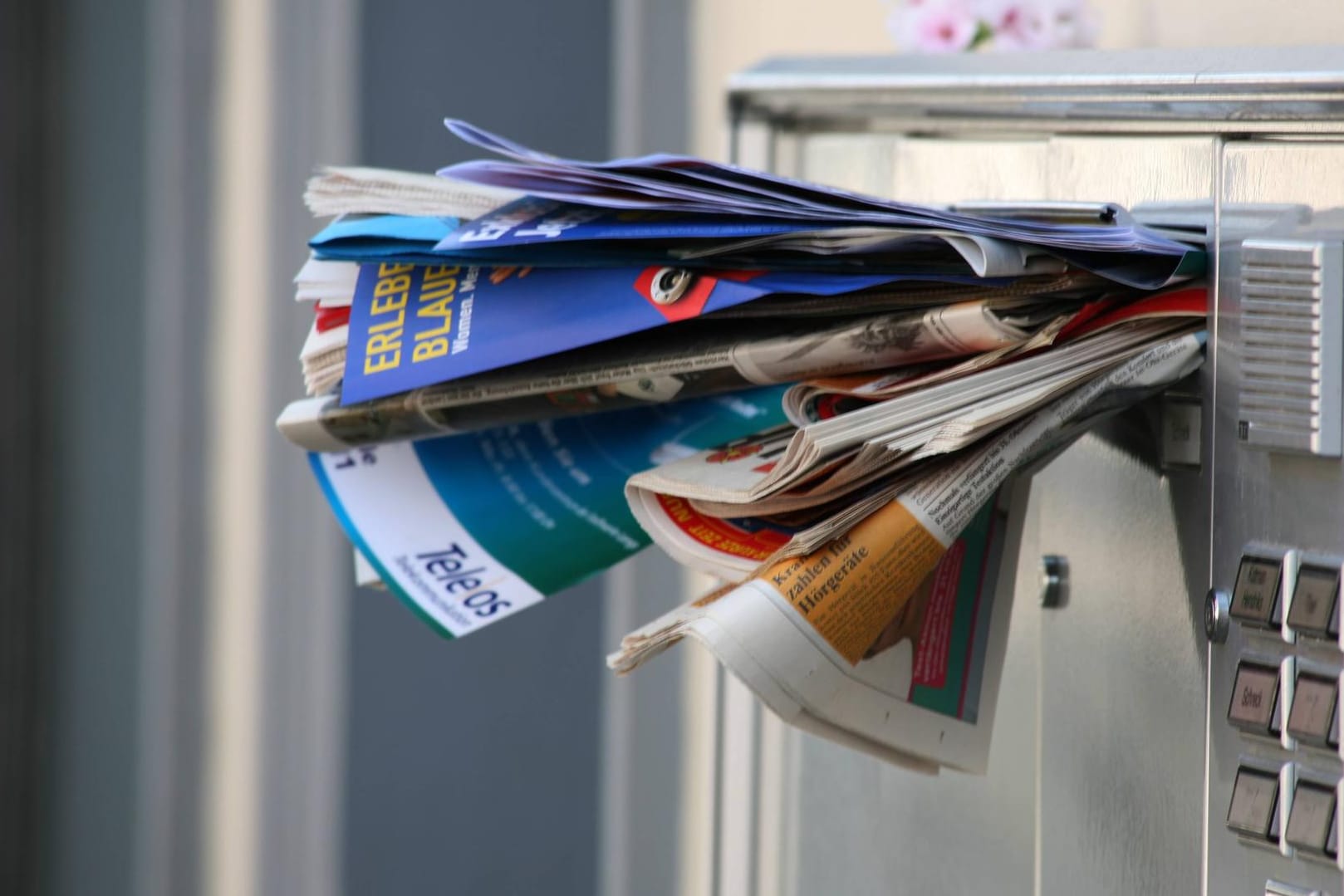 Werbeprospekte ragen aus einem Briefkasten (Symbolbild): Nur rund ein Viertel der Haushalte in Deutschland nutzen Aufkleber, um darauf hinzuweisen, dass sie keine Wurfsendungen erhalten möchten.