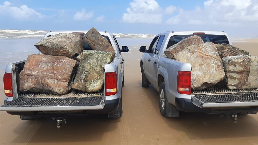 Pickups beladen mit den Kautschuk-Ballen: Forscher vermuten, dass die "Kisten" von einem 1944 gesunkenem Kriegsschiff stammen. Pickups beladen mit den Kautschuk-Ballen: Forscher vermuten, dass die "Kisten" von einem 1944 gesunkenem Kriegsschiff stammen.