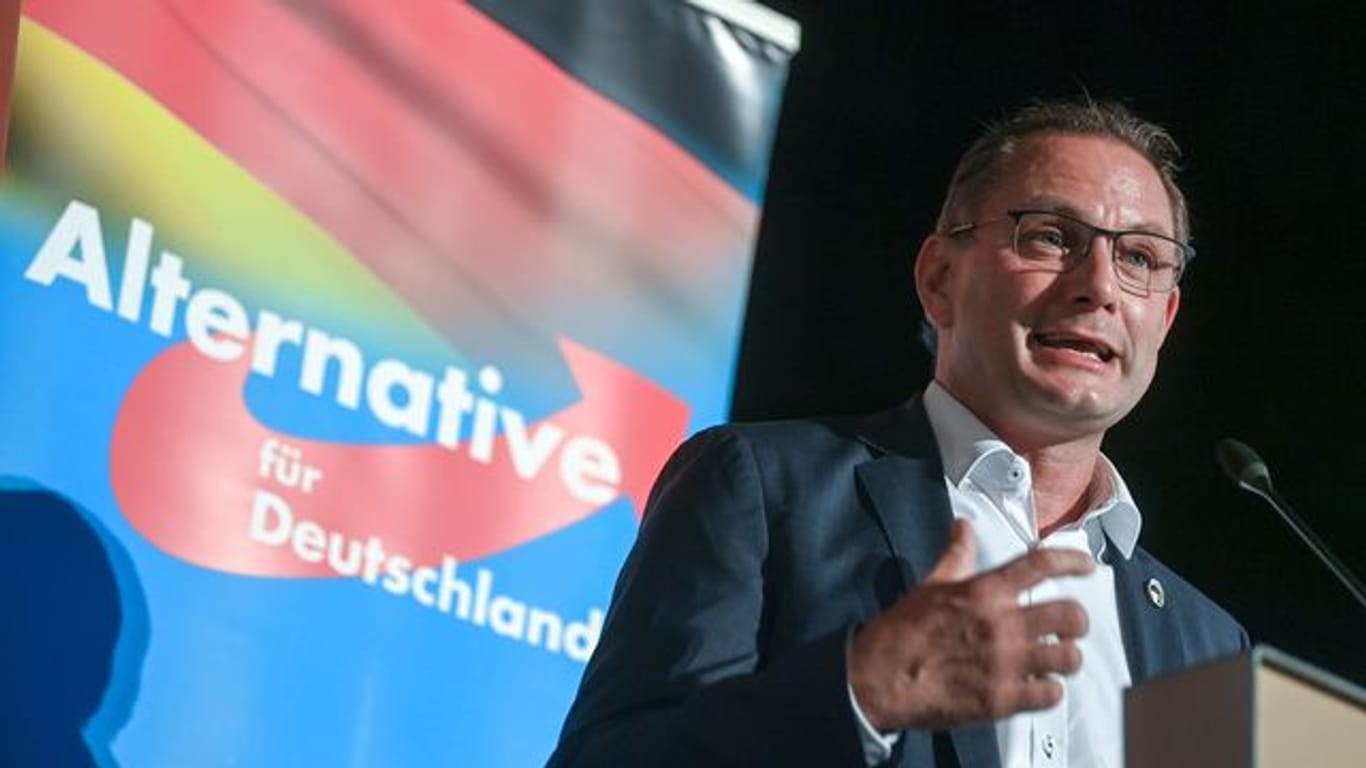 Tino Chrupalla, Bundesvorsitzender der AfD, spricht auf dem Wahlkampfauftakt der AfD Sachsen in Stollberg.