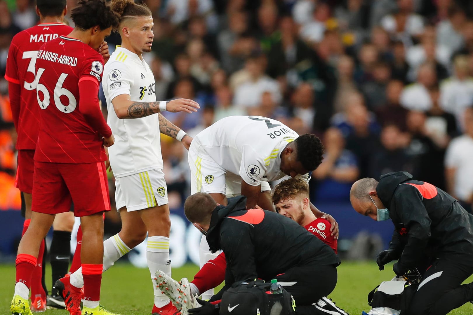 Liverpools Harvey Elliott: Das Top-Talent musste mit einer Trage vom Feld gebracht werden.