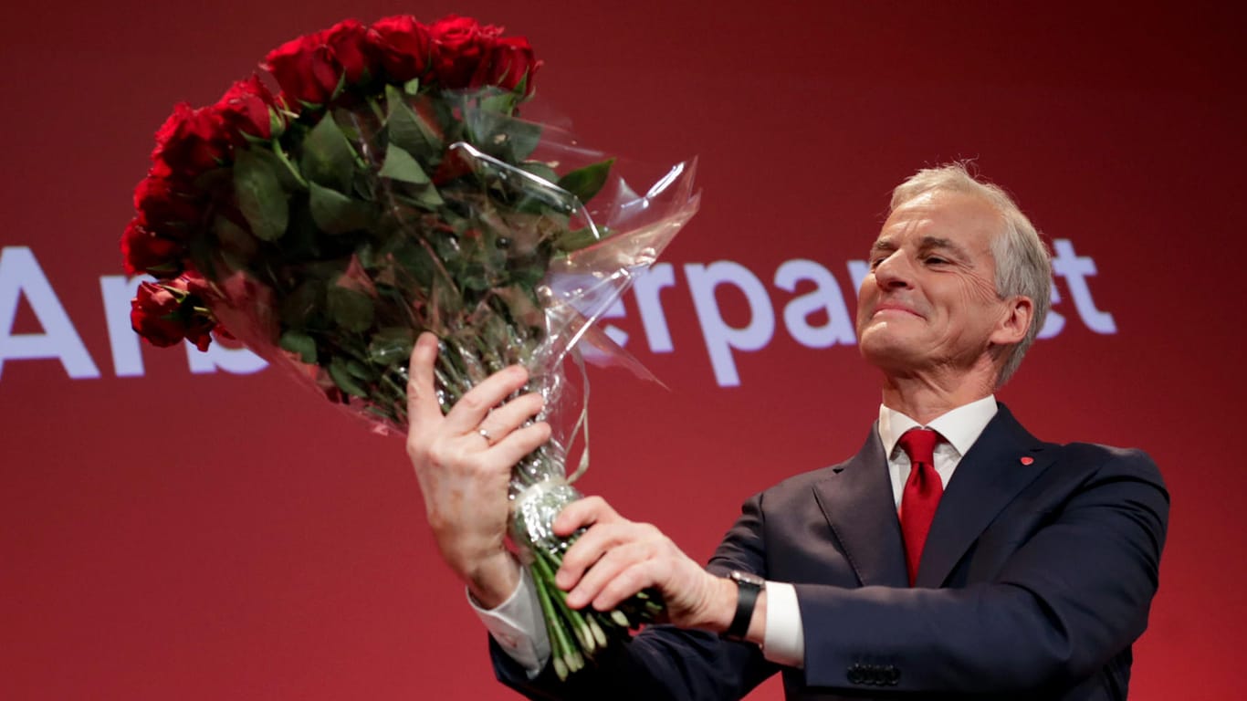 Der Vorsitzende der Arbeiterpartei Jonas Gahr Støre: . Der Mitte-Links-Block steuerte bei den norwegischen Wahlen am Montag auf einen Sieg zu.