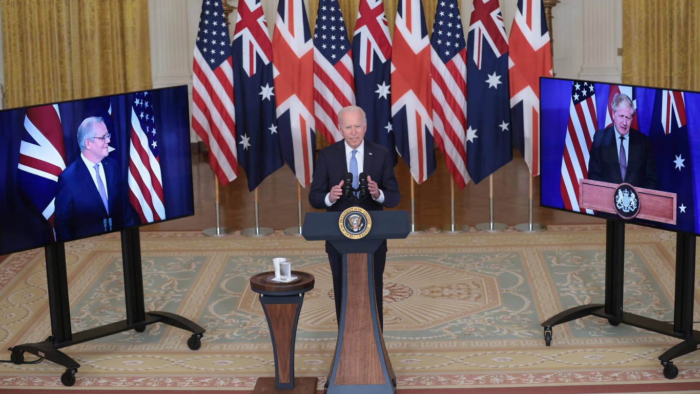 Mit "Aukus" zu dritt gegen China: US-Präsident Joe Biden (Mitte) mit Australiens Premierminister Scott Morrison (links) und dem britischen Premierminister Boris Johnson.