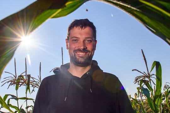 Ackerbauer Phillip Krainbring steht in seinem Maisfeld.