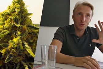 Eine Cannabisblüte aus dem Demecan-Forschungsanbau – und Firmen-Gründer Constantin von der Groeben: Er sagt, dass das Unternehmen keine bekiffte Idee sondern nüchtern kalkuliert war.
