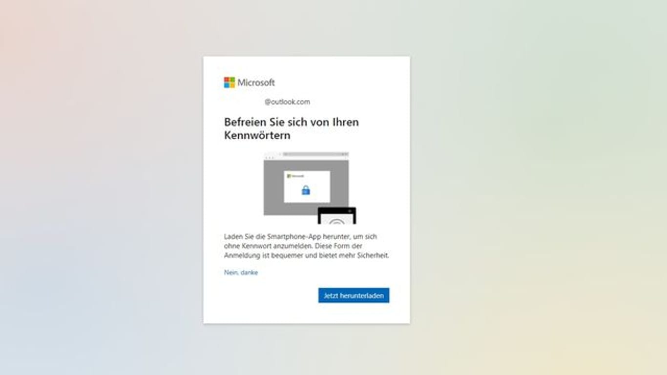 Microsoft wirbt mit einem Pop-up fürs kennwortlose Konto.