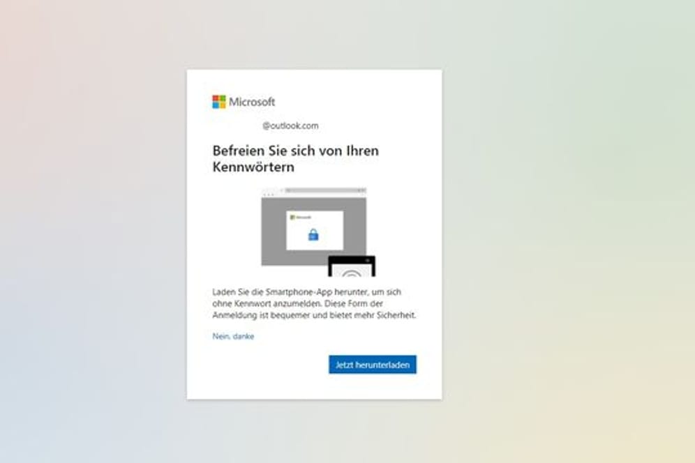 Microsoft wirbt mit einem Pop-up fürs kennwortlose Konto.